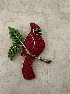 Red Cardinal Bird Brooch Pin with Green Leaf Accent